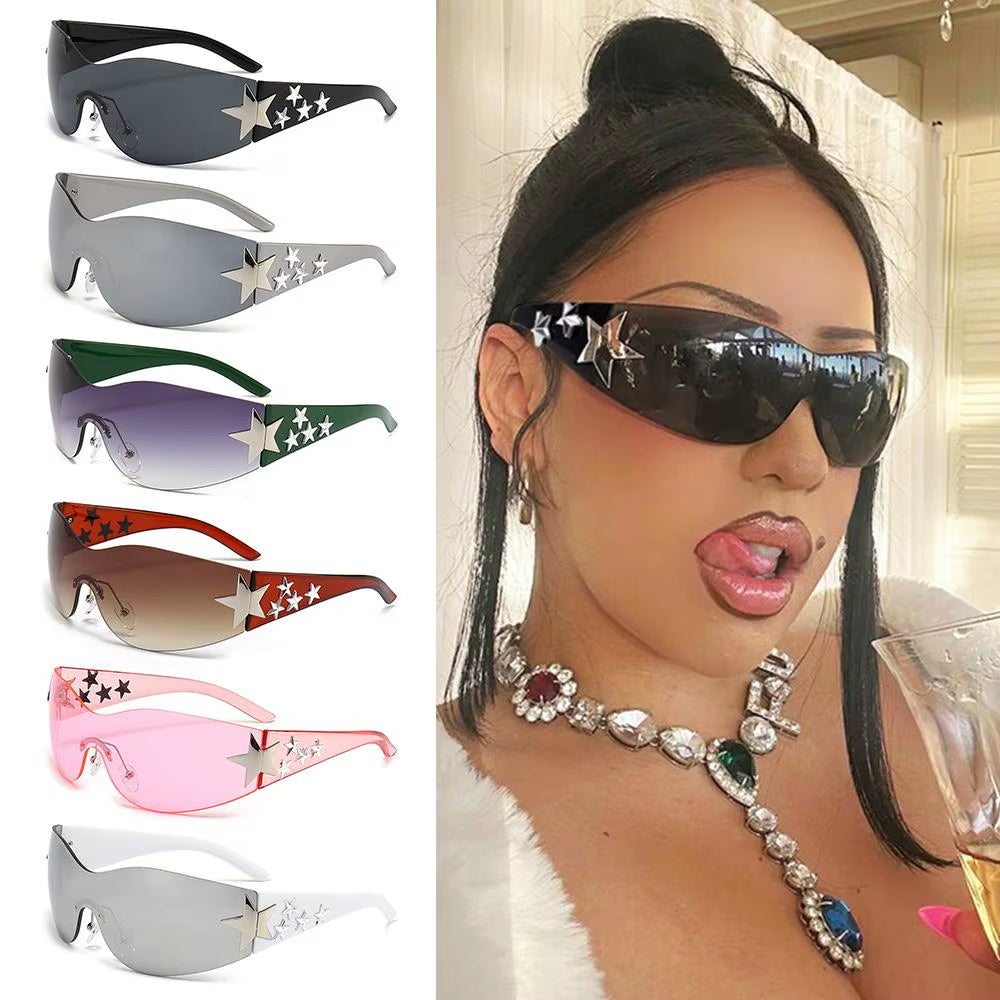 Y2K Star Decor Wrap-Around Sunglasses New Women 2000'S Punk Sun Glasses Brand Designer Eyewear Gogglr Men Sports Eyewear Oculos