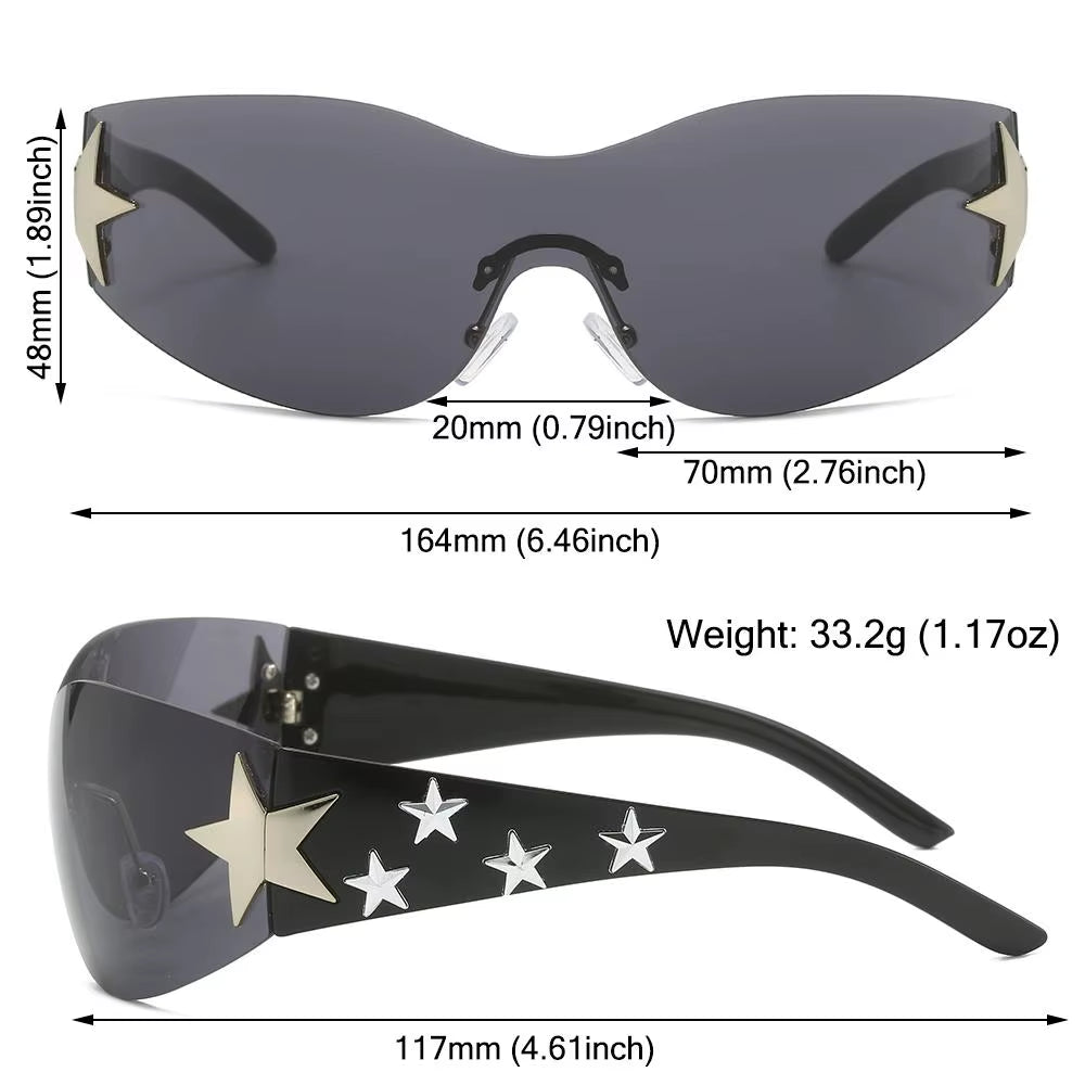 Y2K Star Decor Wrap-Around Sunglasses New Women 2000'S Punk Sun Glasses Brand Designer Eyewear Gogglr Men Sports Eyewear Oculos