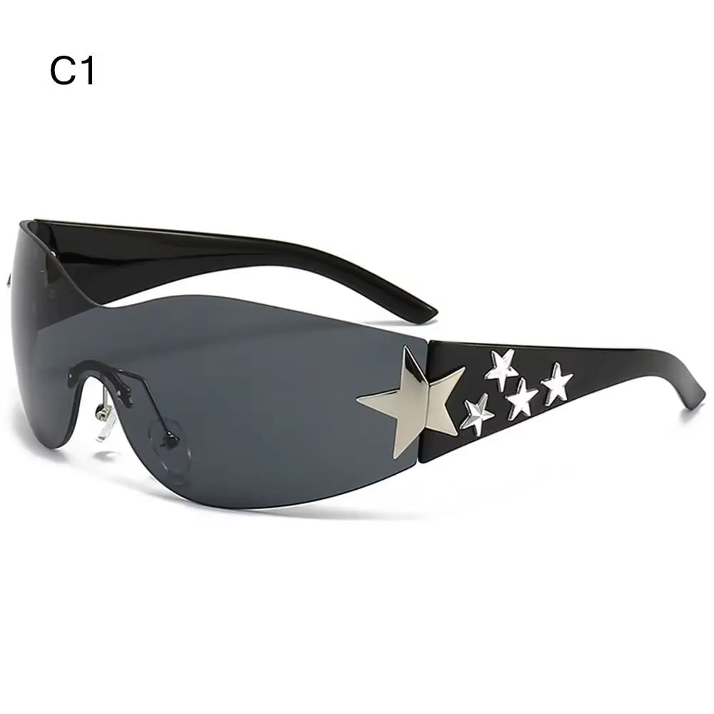 Y2K Star Decor Wrap-Around Sunglasses New Women 2000'S Punk Sun Glasses Brand Designer Eyewear Gogglr Men Sports Eyewear Oculos