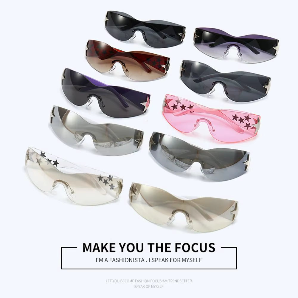 Y2K Star Decor Wrap-Around Sunglasses New Women 2000'S Punk Sun Glasses Brand Designer Eyewear Gogglr Men Sports Eyewear Oculos